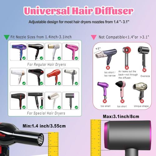 Universal Hair Diffuser for 1.4-3.1 Blow Dryers, Diffuser Hair Dryer Attachment, Professional Hair Diffuser for Curly Wavy Long Thick Hair, Reduces Frizz & Defines Curls, Home/Travel Use, White