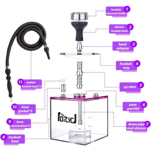 Acrylic Cube 2 Hose Shisha Large Hookah Set with Everything Included, Large Cloud Performance LED Light Hookah Machine, Perfect for Parties & Travel (Purple)
