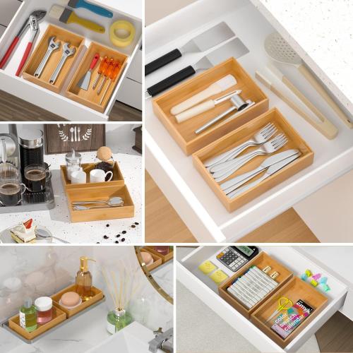 VeyFey Silverware Tray for Drawer, Stackable Kitchen Bamboo Drawer Organizer 9 x 6 x 2 Set of 2