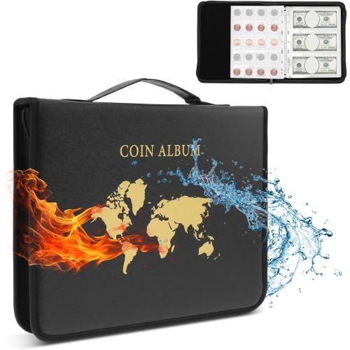 Coin Collection Book Holder Organizer, Fireproof Coin Collection Album Holder for Collectors, Coin Holder Book, 200 Pockets Coin Collecting Album & 30 Sleeves Money Storage Case
