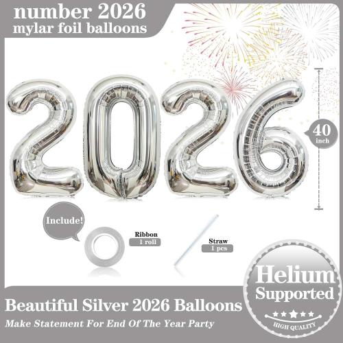40 Inch Silver Number 2026 Balloons, Big Large Size Giant 2026 Number Balloons New Year Foil Helium Silver Balloons for 2026 Happy New Year Eve Celebration Decorations Party Supplies