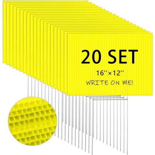 Tuanse 20 Pack Blank Yard Signs with Stakes Bulk Corrugated Plastic Lawn Signs Double Size for Garage Sale Real Estate Open House Rent Guidepost Birthday Party Decorations(16 x 12 Inch,Yellow)