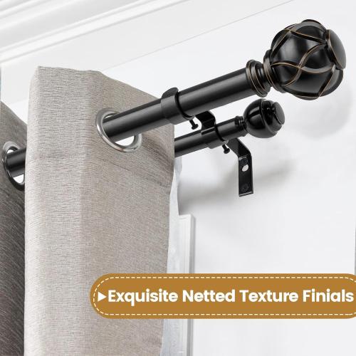 KAMANINA 1 Inch Double Curtain Rods for Windows 36 to 72 Inches (3-6 Feet)，Black Heavy Duty Double Curtain Rod, Telescoping Drapery Rod with Netted Texture Finials
