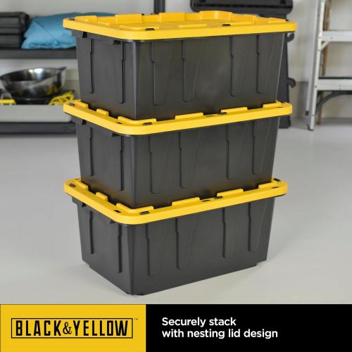 CX BLACK & YELLOW, 27-Gallon Heavy Duty Tough Storage Container & Snap-Tight Lid, (14.3H x 20.6W x 30.6D), Weather-Resistant Design and Stackable Organization Tote [4 Pack] - 1 cover missing, 3 covers damage