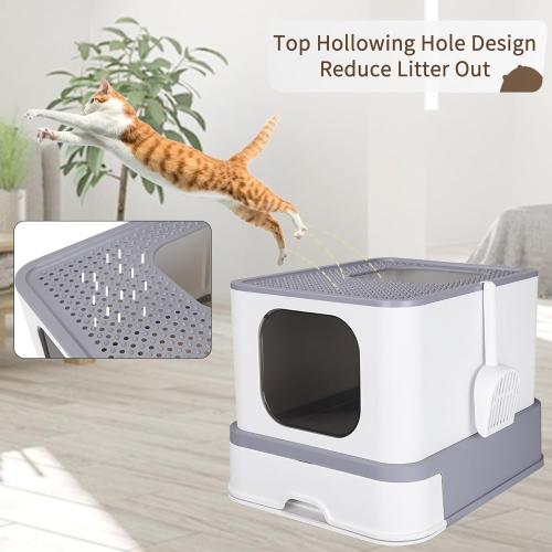 RIZZARI Stainless Steel Cat Box: Enclosed Design with High Walls - Light Gray - Large Litter Pan for Odor Control Indoors