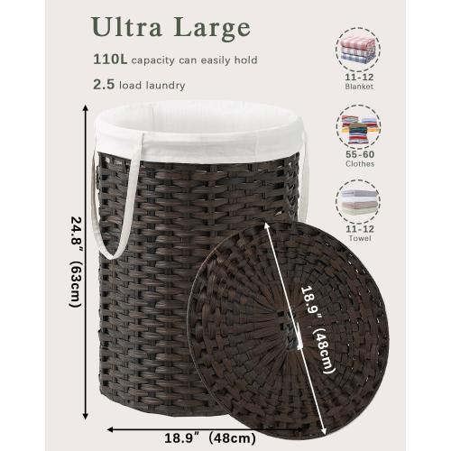 SETVSON Laundry Basket with Lid Round Rattan Laundry Hamper with Lid and Handles 29.1 Gal (110 L) Handwoven Woven Basket with Removable Bags and 2 Mesh Bags for Bathroom Living Room Brown
