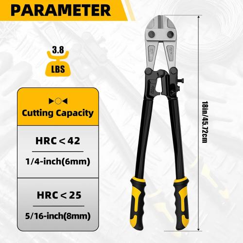 GRENPRO 18 Bolt Cutter, CRV Chrome Vanadium Steel Blade, Yellow & Black Non-Slip Handle for Cutting Chain, Wire, Screw, Rivet