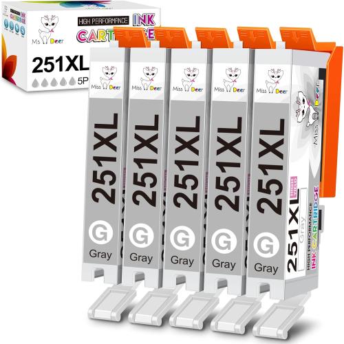 Miss Deer 251 Ink Cartridges Gray, Compatible Replacement for Canon 250 XL CLI-251XL GY PGI-250XL High Yield Work for Canon Pixma MG6320 MG7120 MG7520 iP8720 Printer 5-Pack (5 Grey)