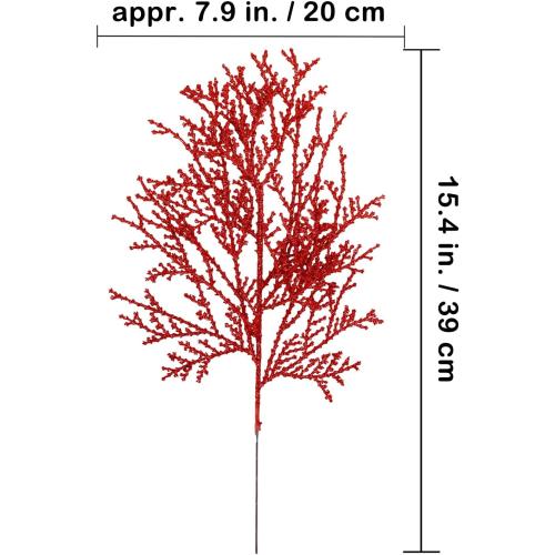 Winlyn 15 Pcs Red Glittered Cedar Sprays Christmas Floral Picks Artificial Cedar Branches Stems Red Christmas Tree Picks 15.4 Tall for Wedding Bouquet Wreath Floral Arrangement Seasonal Centerpiece