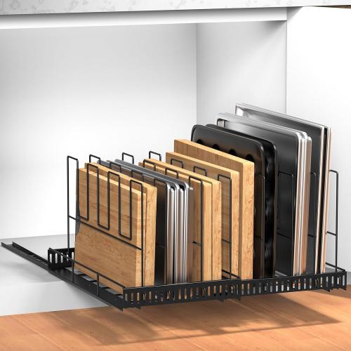 Housolution Pull Out Large Baking Tray and Cookie Sheet Organizer, 13-22 Width Expandable Cutting Board Holder with 8 Adjustable Dividers, 21.5 Deep Bakeware Storage Rack for Cabinet, Black