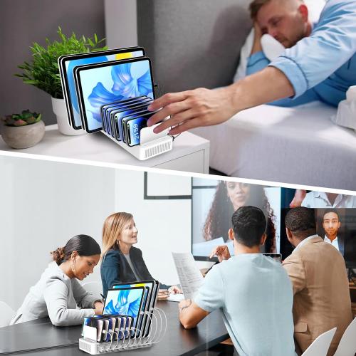 Charging Station for Multiple Devices, 100W 10 Ports Charging Dock with 10 Cables Smart IC Tech and Adjustable Dividers Type-C，Multi USB Charger for iPhone Galaxy iPad Tablet，White