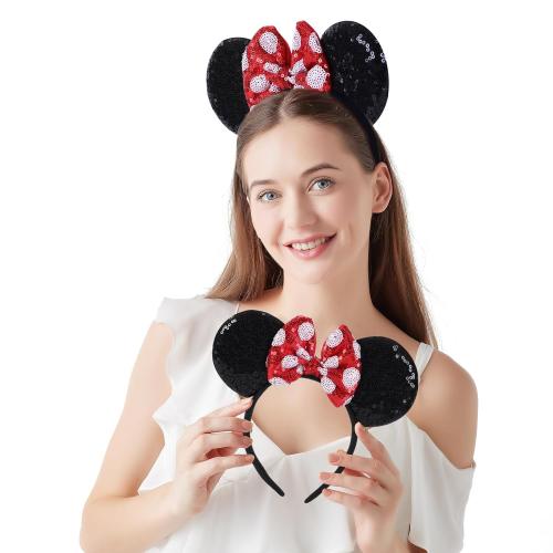 2 Pcs Red Mouse Ears Sequin Headbands,Shiny Bows Headbands, A Perfect Addition to Your Trip Essentials Accessories for Women Grils Princess Decoration Costume Cosplay