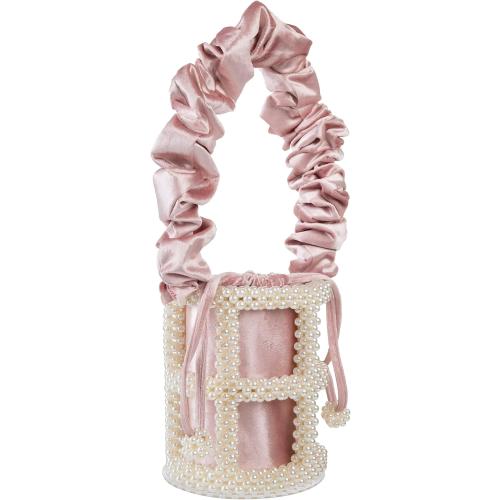 YUSHINY Women Faux Pearl Beaded Evening Pleuche Handle Bucket Hollow-Block Bags with Velvet Lining for Wedding Party