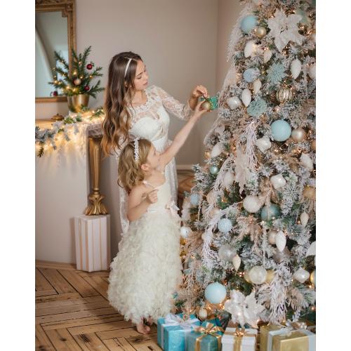 6FT Pre-lit Snow Flocked Christmas Tree Spruce with Remote Control, 350 Warm White Multi-Color Lights, Artificial Hinged/Feel Real/Realistic for Home, Holiday Decoration Dual Color LED