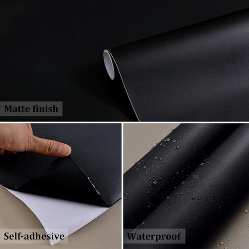 Black Peel and Stick Bathroom Removable Wallpaper Thicken Vinyl Modern Matte Textured Solid Color Self-Adhesive Wallpaper Wrap Contact Paper for Bedroom Kitchen Cabinet (24x393 Black)