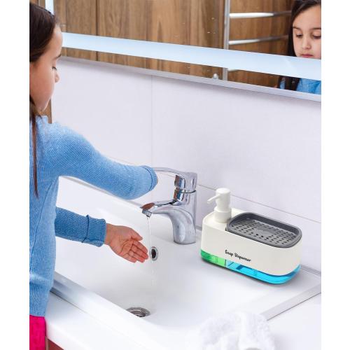 Hand and Dish Soap Dispenser Set for Kitchen, Dual Soap Dispenser with Sponge Holder, 3-in-1 Countertop Soap Pump Dispenser for Kitchen Sink, Useful Kitchen Gadgets - White