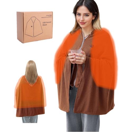 Portable Cordless Electric Heated Blanket Battery Operated, USB Heated Warming Wearable Wraps Blanket Shawl for Car, Home, Office, Travelling, Wireless Battery Heated Zipper Washable (Brown)