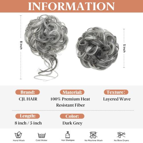Color Dark Grey CJL HAIR 2PCS Messy Bun Hair Pieces Wavy Curly Synthetic Updo Chignon Fake Scrunchies Ponytail Extension for Women Dark Grey