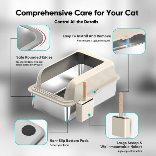 Stainless Steel Cat Litter Box with Lid, XL Large Litter Box for Big Cats, Enclosed Kitty Litter Pan with High Sides, Anti-Leakage&Non-Stick, Easy to Clean, Included Scoop, Aisle and Mat Beige