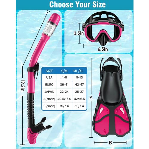 Color Pink Snorkel Set with Fins for Adults, Snorkeling Gear for Adults Men and Women, Snorkle, Mask Set Adults Dry Top Snorkel Mask Combo Set with Travel Bag for Snorkeling, Diving, Swimming