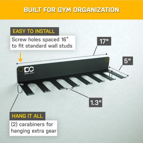 Double Circle Gym Equipment Storage Rack - Multi Purpose Gym Equipment Wall Rack Hanger for Pro Home Gym Storage for Exercise Bands, Barbell Bar, Jump Ropes, Chains, Lifting Belts (17 - Hooks)