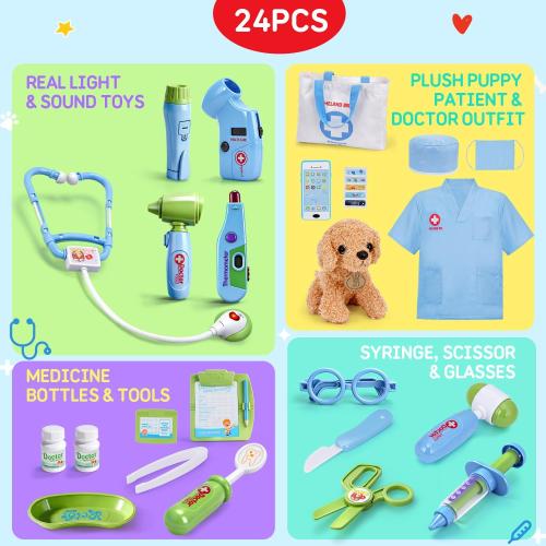 Meland Toy Doctor Kit for Kids - Pretend Play Doctor Set with Dog Toy, Carrying Bag, Stethoscope Toy & Dress Up Costume - Doctor Play Gift for Kids Toddlers Ages 3 4 5 6 Year Old for Role Play