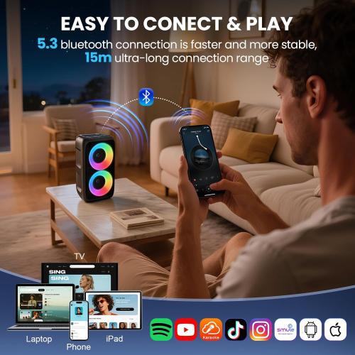 Bluetooth Speaker with 2 Wireless Microphones - Big Party Speaker for Adults Kids Karaoke with Lights - Portable Rechargeable Floorstanding Speakers Support TWS/AUX/USB/TF Card for Home Party Gift