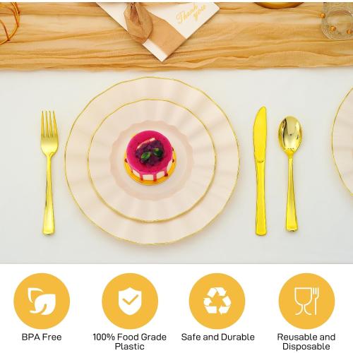 60Pcs Heavy Weight Ivory Plastic Plates with Gold Trim, Heavy Duty Wedding Plates, Elegant Disposable Plate Sets include 30 10 Dinner & 30 7 Dessert Plates for Party & Wedding(30 Guests)