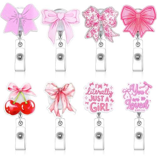 8 Pcs Coquette Pink Bow Badge Reel Retractable Badge Reel for ID Card Cute Alligator Clip Accessories for Nurse Medical Worker Office School Teacher(Bow Theme,Acrylic)