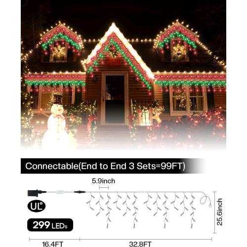 33FT Smart RGB Christmas Icicle Lights – APP Control LED String Lights for Outside, Music Sync, DIY Color Changing, 58  Modes, Connect 3 Strands (99FT) – Waterproof Icicle for Roof, Tree, House
