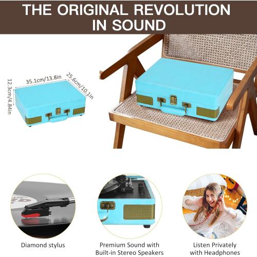 Record Player 3 Speed Bluetooth Portable Suitcase Vinyl Player with Built-in Speakers Turntable Enhanced Audio Sound PU Leather Vintage