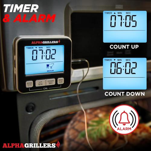 Alpha Grillers Meat Thermometer Digital - Kitchen Oven Thermometer for Cooking Food, Grilling, BBQ Smoker - 7 Preset Temperature Alerts, Timer, Alarm, & Stainless Steel Temperature Probe