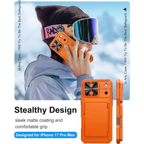 BXYJY for iPhone 17 Pro Max Phone Case Wallet, Card Holder (4-5 Cards), Slide Camera Cover, Military Grade Protection, Rugged Hard Women Girly Men Protective Case for iPhone17 Pro Max 6.9, Orange