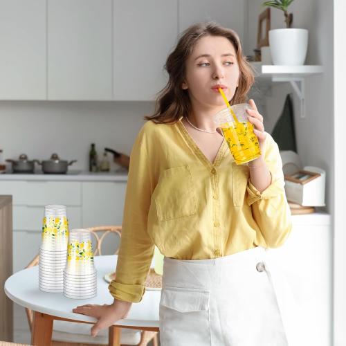 300 Pieces Lemon Plastic Disposable Cups with Lids and Straws 16 Ounce Lemon Hawaiian Luau Party Plastic Cups Clear Summer Tropical Party Cups Fruit Cold Cups for Lemonade Juice Water
