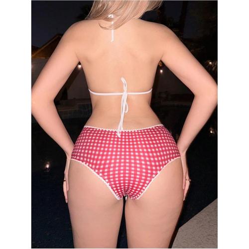 Size M Women's 2 Piece Plaid Bikini Set Gingham Halter String Triangle Bathing Suit Cheeky Swimshorts Swimsuits