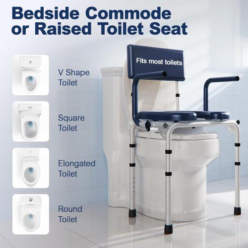 Drop Arm Bedside Commodes for Seniors, Potty Chair for Adults | Portable Commode Toilet with Padded Seat and Backrest, 400lbs Capacity, Height Adjustable, 6.3QT Bucket & Splash Guard, Blue