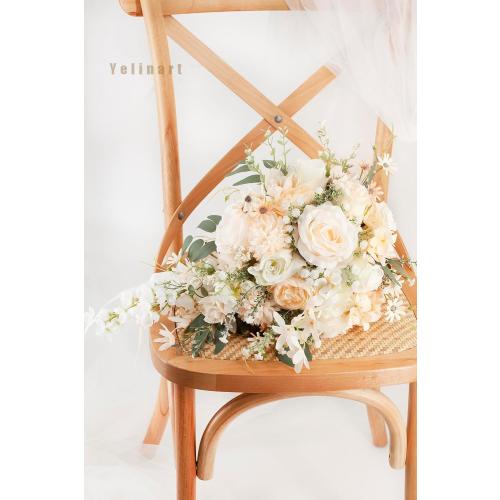 11 Inch Champagne Wedding Bouquets for Bride White Artificial Roses Flower Cascading Bridal Bouquet for Rustic Boho Fall Vintage Wedding Ceremony Party and Anniversary