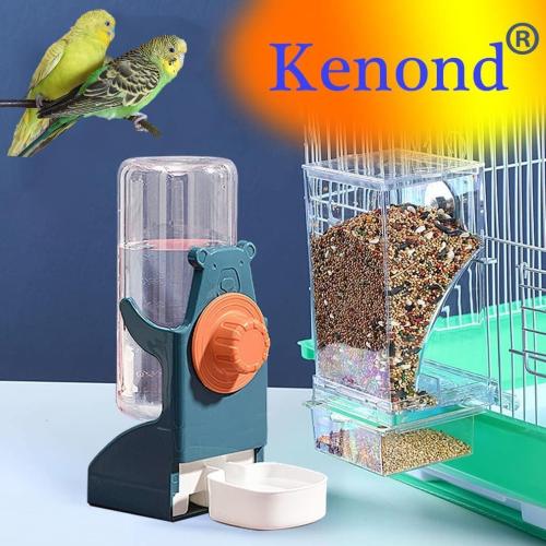 Color Blue Kenond No Mess Bird Feeder Water Dispenser Set, Automatic Parrot Feeder Cage Accessories, Clear Parakeet Seed Container Food Drinker for Cage, Cockatiel Finch Lovebirds Budgies Canary (Blue)