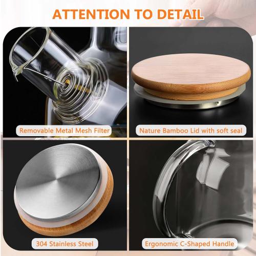 Glass Tea Pot Kettles Stovetop Safe, 60.8oz/1800mL Heatproof Borosilicate Glass Teapot Water Pitcher With Bamboo Lid and Removable Filter Spout for Loose Leaf and Blooming Tea