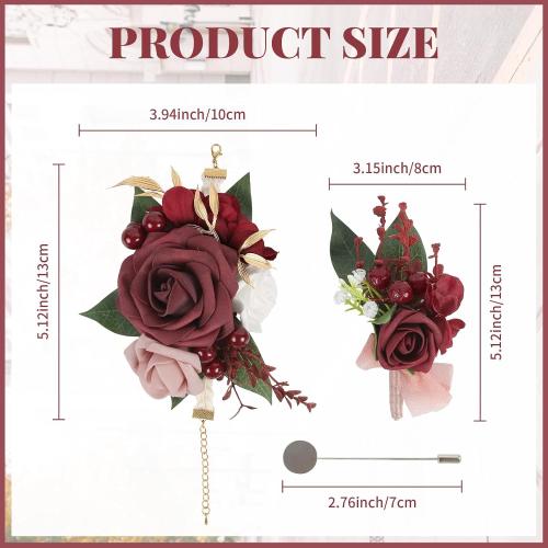 2Pcs Wedding Corsage and Boutonniere Set Burgundy Rose Corsage Wristlet and Boutonniere for Men Women Groom Bride Bridesmaid Groomsmen Wedding Party Accessory Prom Decoration (Burgundy)