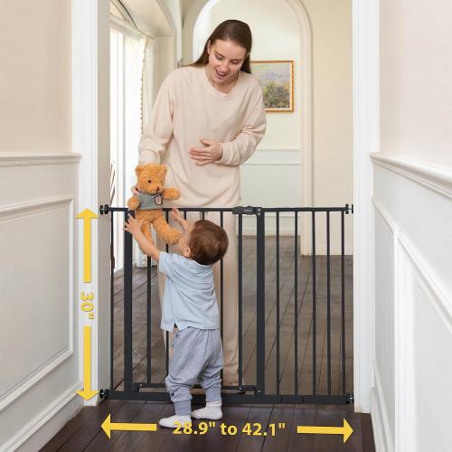 InnoTruth Baby Gate for Stairs 28.9-42.1 Wide, 30 Tall Easy Step Walk Through Expandable Dual Lock Dog Gates for The House，Pressure Mounted Easy Install Pet Gate for Doorways, Black
