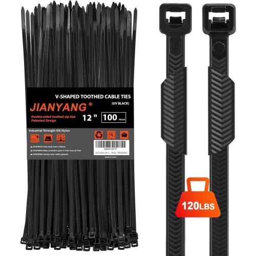 Zip Ties Heavy Duty 12 inch，V-Shaped Toothed Double Sided With 120 LBS Tensile Strength Cable Ties ，Extra Large Wire Ties Adjustable Nylon Tie Wraps for Indoor Outdoor Patented Design（100 Pack Black）