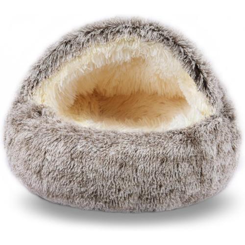 FORMYCATIE Cat Beds for Indoor Cats,Cat Cave for Puppy and Kitty,Calming Small Dog Bed for Small Dogs with Cover Cave,Cozy Warming Fluffy Washable Anti-Slip Pet Sleeping Bag(24 * 24inch,Khaki)