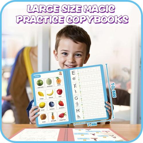 Upgraded Large Size Magic Practice Writing Copybook, Reusable for Kids, Reusable Copybook Preschool for Kids Age 3-8 ​Calligraphy(4 Books with Pens)-Blue Bag