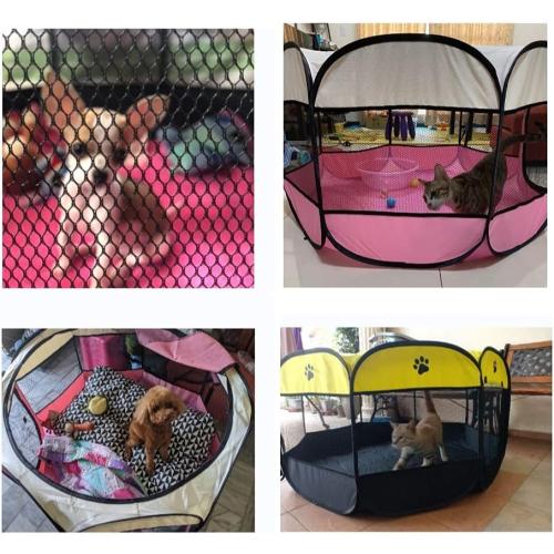 Foldable Pet Playpen, Portable Octagon Puppy Playpen Indoor/Outdoor, Exercise Kennel Dog/Cat/Rabbit Tent   Free Carrying Case   Travel Bowl (Blue Black, L)