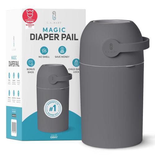 Color Grey L.A. Baby Magic Diaper Pail - Patented 100% Odor-Free System with Child-Safe Lock - Award-Winning Design - No Refills Required - Works with Regular Trash Bags - Gray