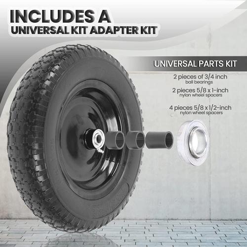 (2-PACK) 4.80/4.00-8 Flat Free Tire and Wheel - Universal Fit 14.5 Solid Wheelbarrow Tires with 3 Hub and 5/8 Bearings – Extra Adapter kit includes 3/4 Ball Bearings, 1 and 1/2 Nylon Spacers