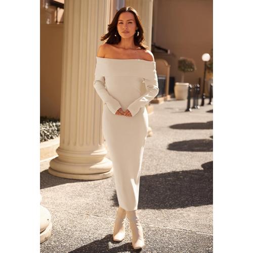 Large Women's Winter Off Shoulder Bodycon Sweater Dress 2026 Spring Formal Long Sleeve Elegant Club Party Midi Dresses