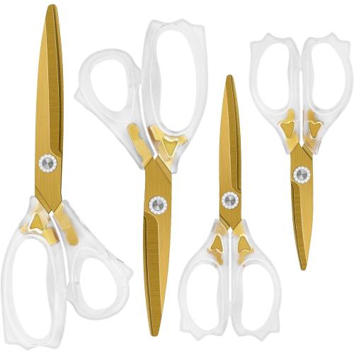 Acrylic Scissors, Ultra-Sharp Titanium Coated Blades and Ergonomic Clear Handle, Clear Gold Sscissors for Office Desk, Modern Design for Craft, Sewing, Office & Home, Set of 4, Gold