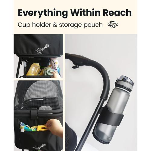 4 Wheels Pet Stroller, Dog Stroller for Small/Medium Dogs and Cats up to 33 lbs, One-Click Fold & Draggable, Removable Carrier, Zipperless Entry, Mesh Windows, Black